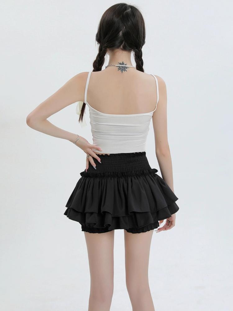 Kawaii мини-юбка, шорты, женские милые сексуальные балетки, белая эластичная высокая талия, лоскутная юбка с рюшами в стиле Лолиты, корейская юбка