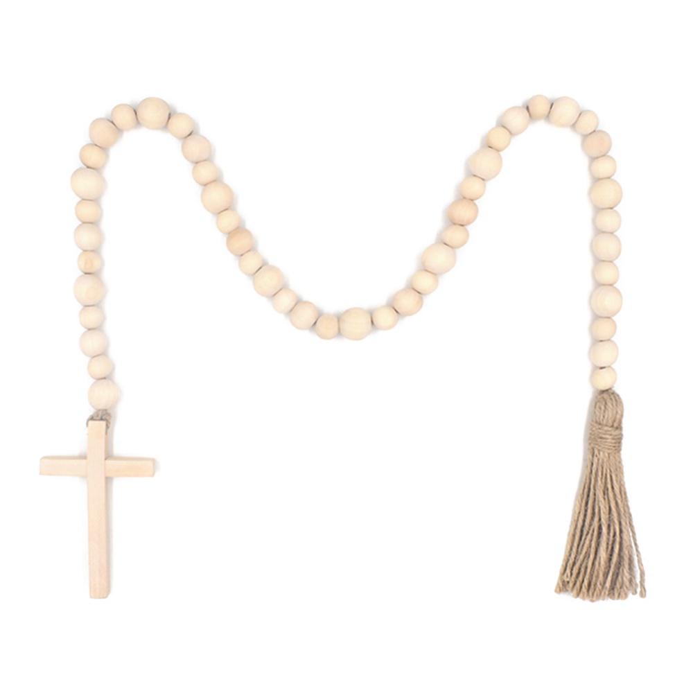 Wood Bead Garland with Tassels Farmhouse Beads Religious Wood Bead