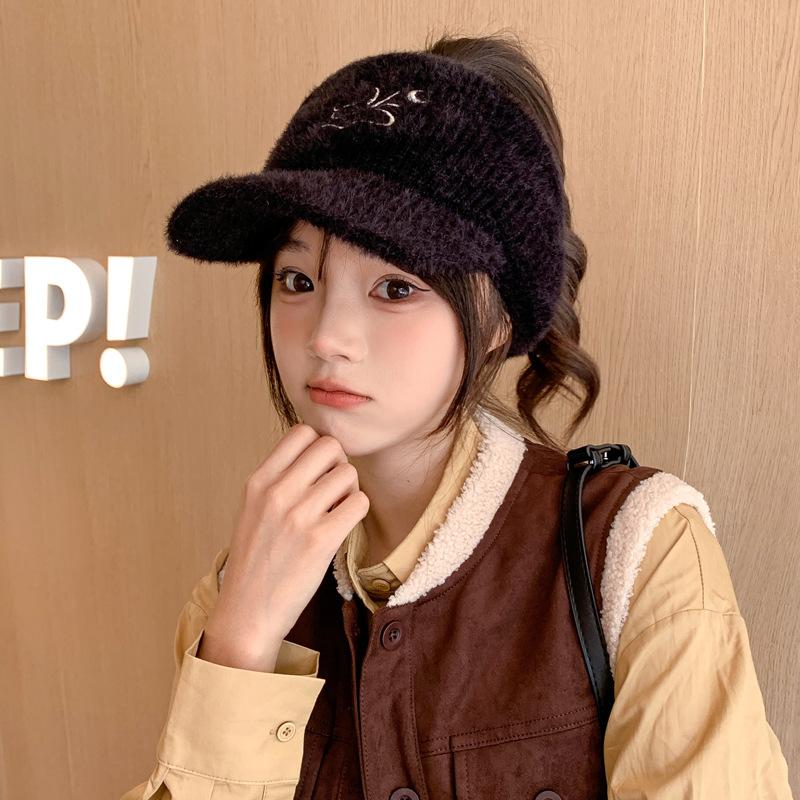 New Hat for Women's Solid Color Versatile Embroidered Knitted Wool Hat for Winter Warm Ear Protection Baseball Cap Thick