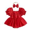 Baby Girl Summer Romper Dress Short Puff Sleeve Square Neck Heart Pattern Jumpsuit with Bow Headband