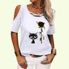 Women Fashion Off Shoulder T-shirt Ladies Casual Round Collar Top Summer Print Short Sleeved Tee Shirt