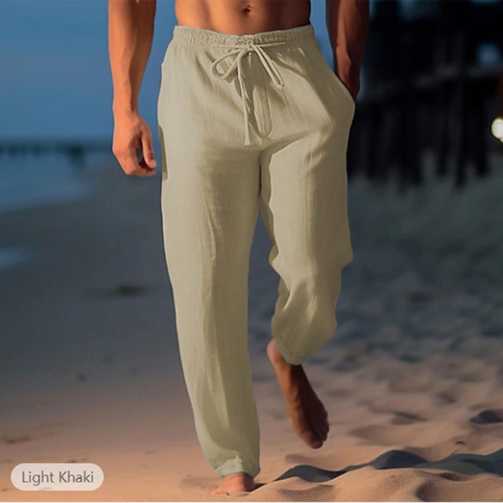 Брюки из хлопка и конопли, летние брюки, пляжные брюки, эластичный пояс на шнурке, прямые штанины, удобные, дышащие, повседневные мужские брюки