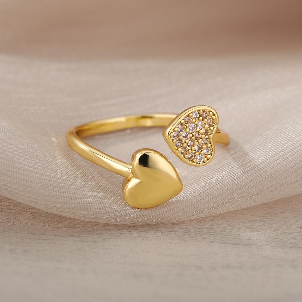 Smooth Double Heart Rings For Women Stainless Steel Zircon Heart Love Ring Adjustable Finger Ring Christmas Jewelry Wedding Gift