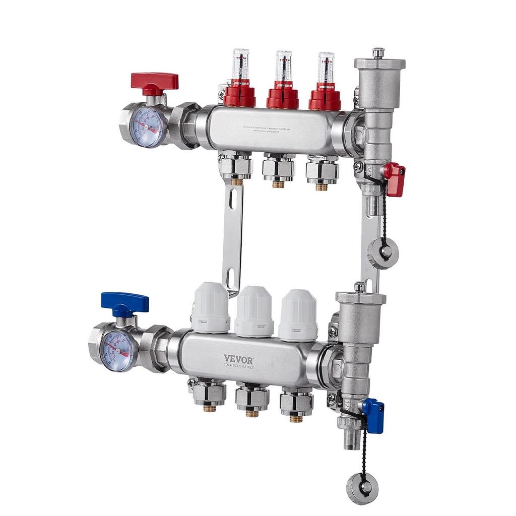 3-Branch Radiant Heat Manifold 1/2" PEX Tubing Floor Heating Manifold Set