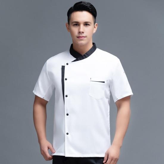 Unisex Chef Shirt Kitchen Single-breasted Short Stand Collar Kitchen Stain-resistant Loose Sleeve Bakery Restaurant Canteen Waiter Top Cook Uniform