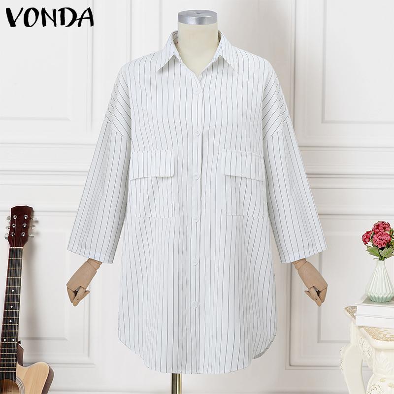 VONDA Женские винтажные однотонные полосатые платья-рубашки с длинным рукавом