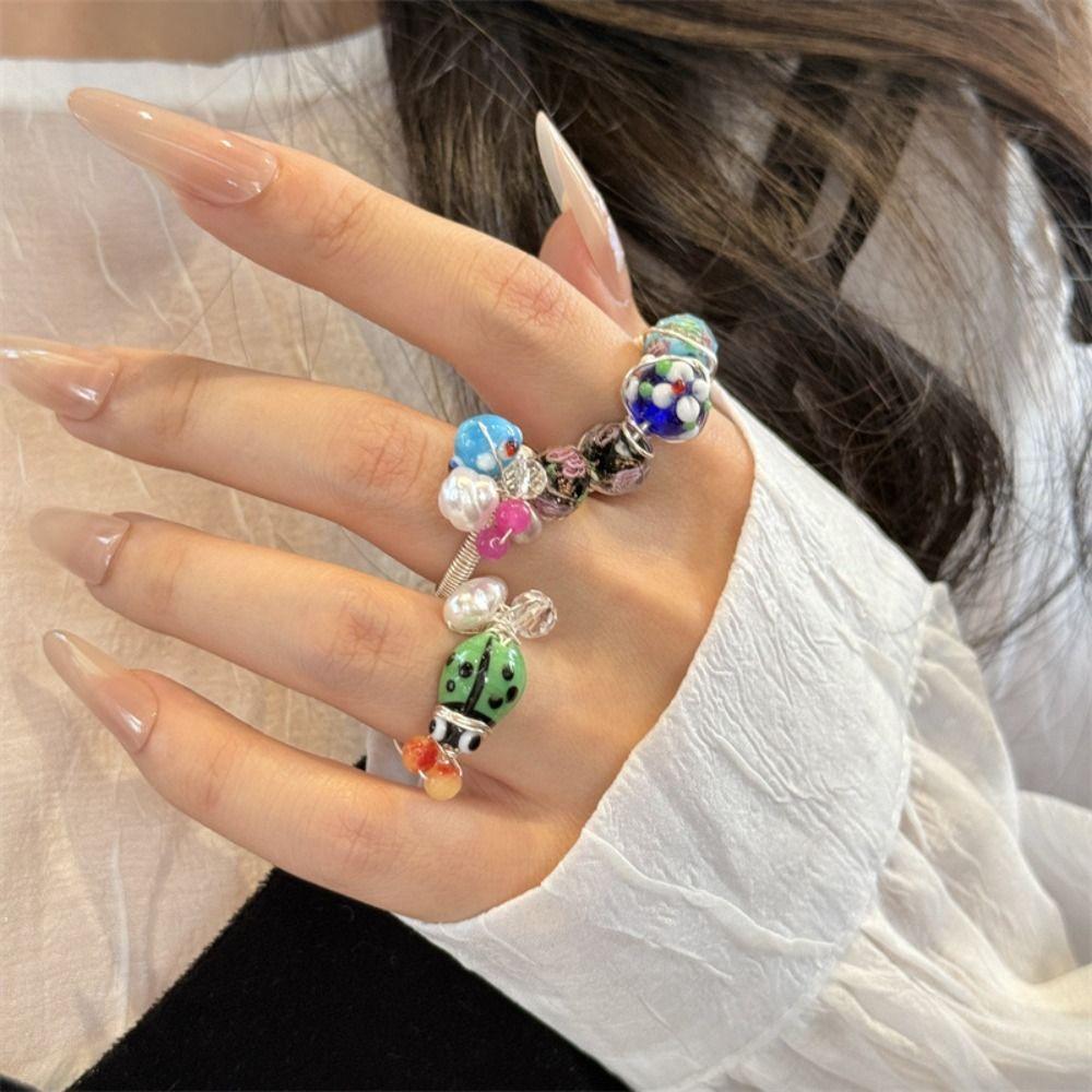 Chinese Style Insect Drip Oil Ring Geometric Enamel Flower Ring Personality Painting Ring  Friend