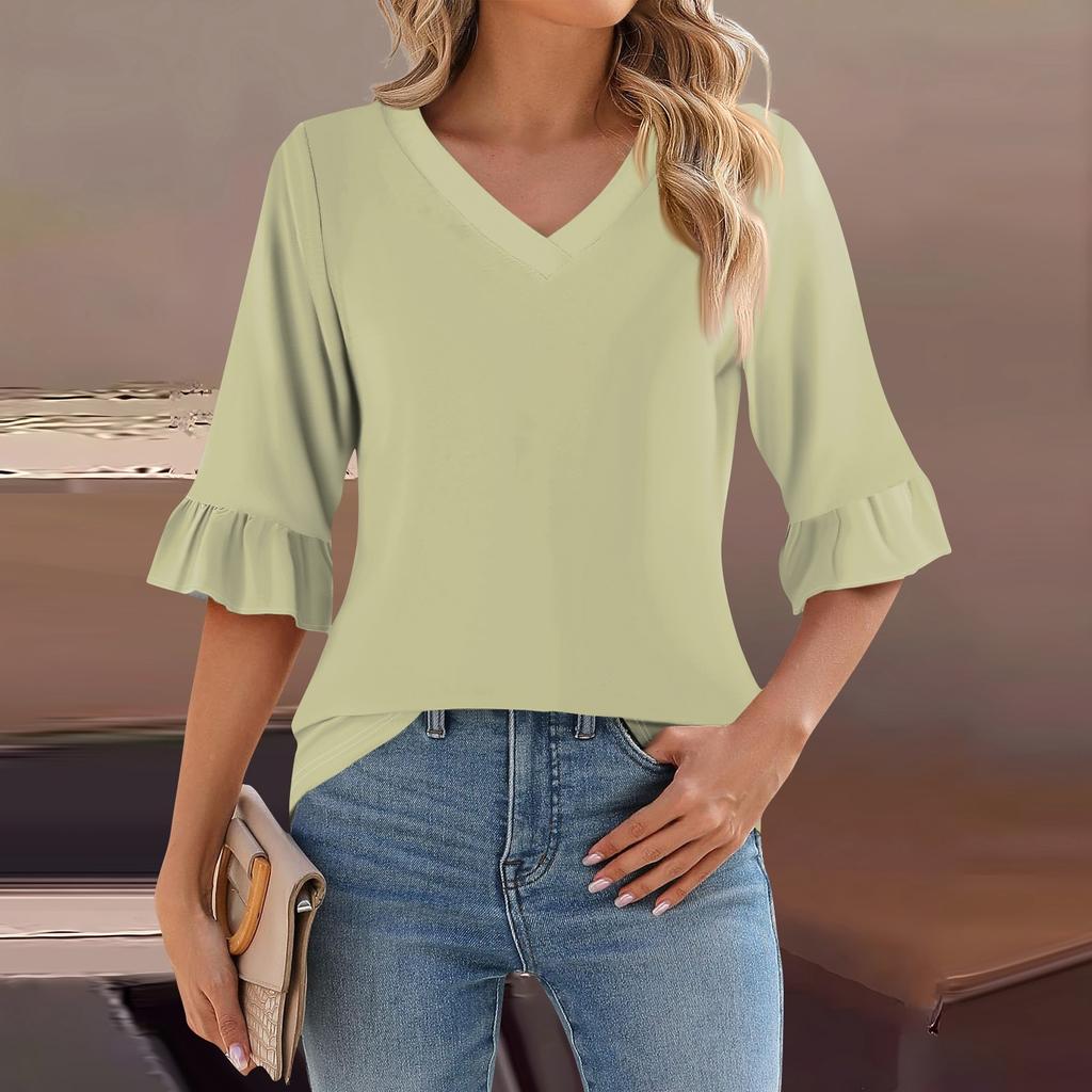 Женский повседневный топ с рукавами 3/4, летняя футболка с v-образным вырезом и пышными рукавами