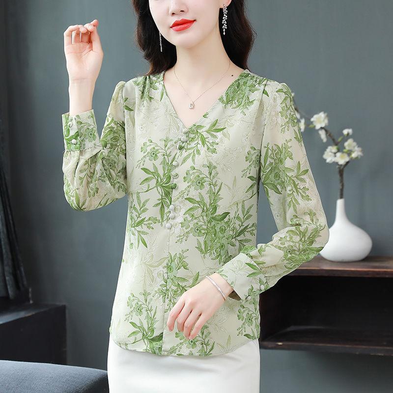Long Sleeved V-neck Chiffon Shirt for Women, Summer Loose Fit Shirt, Fashionable and Versatile Small Shirt