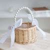 Wicker Rattan Basket Handmade Wedding Flower Basket with Faux Pearl Handle Flower Girls Basket for Home Decor Bridal Shower Picnic