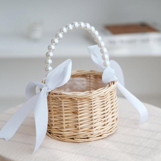 Плетеная ротанговая корзина ручной работы, свадебная корзина для цветов, корзина для девочек-цветочниц с ручкой из искусственного жемчуга