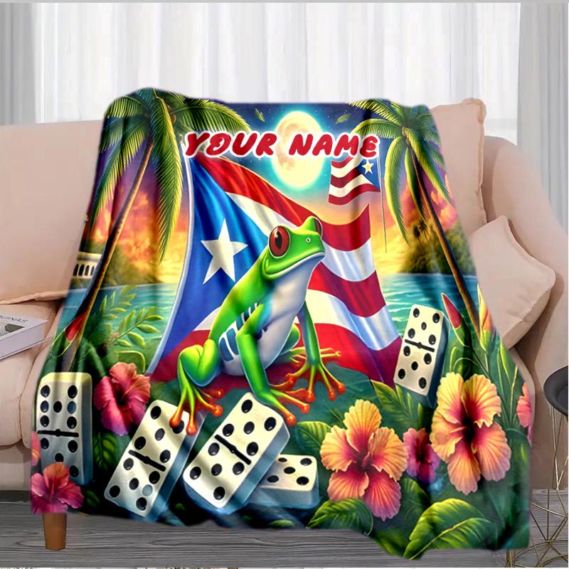 1PC Custom Name Puerto Rican Frog Dominoes outdooor Flannel blankets Throw Blanket All-Season Throw Gift Bedspread for Couch, Bed, Camping Holiday Bir