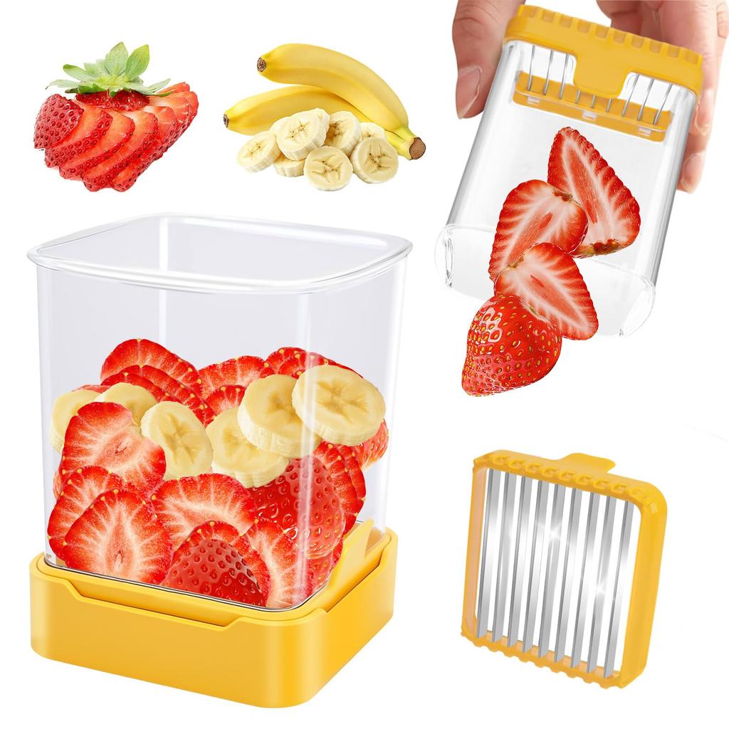 Fruit Slicer Cup for Strawberry, Banana, Hard-Boiled Egg - Detachable Cutter with Push Plate - 304 Stainless Steel Blade - Rapid & Safe Slicing