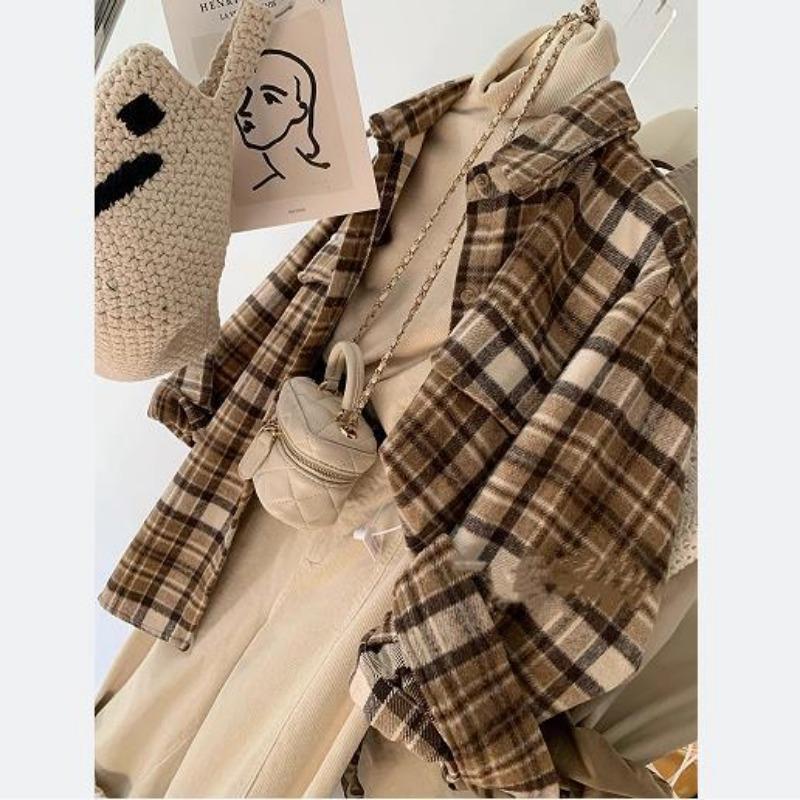 Контрастные шерстяные клетчатые женские рубашки Винтажные женские блузки с отложным воротником и длинными рукавами Весенние и осенние повседневные универсальные свободные топы