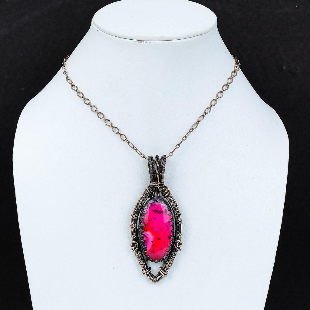 Pretty Pink Dendrite Opal Gemstone Pure Copper Wire Wrapped Handmade Pendant Jewelry
