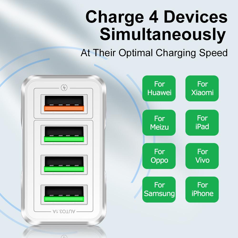 QC3.0 4-Port USB Rapid Charger for EU/UK/AU Plugs - Multi-Device Fast Charging