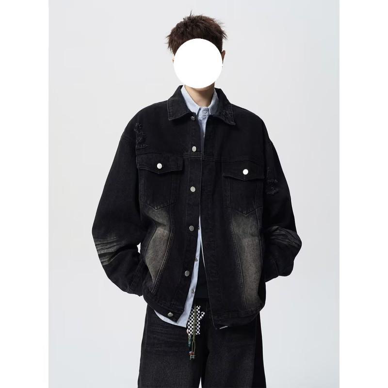 Mens Vintage Distressed Denim Jacket Trendy Loose Fit Casual Workwear Outerwear