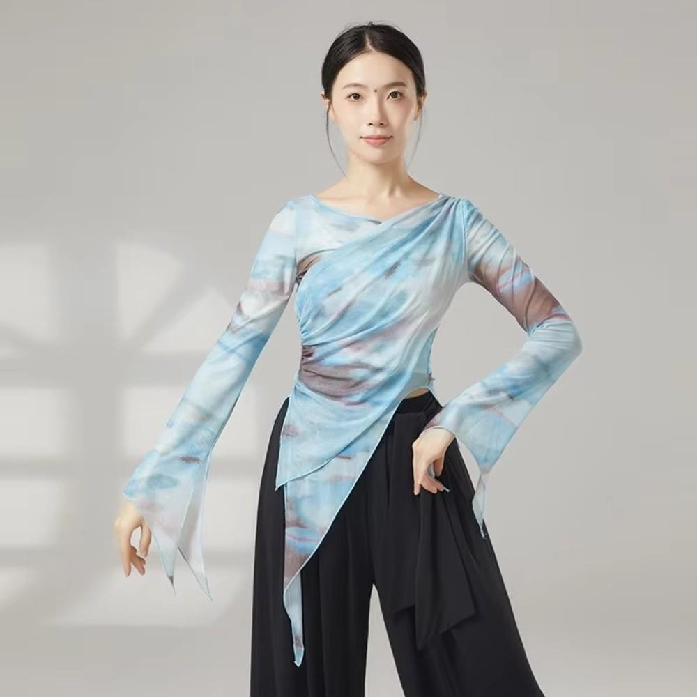 Long Slit Classical Dance Mesh Top Prints Chinese Hanfu Women Dance Wear