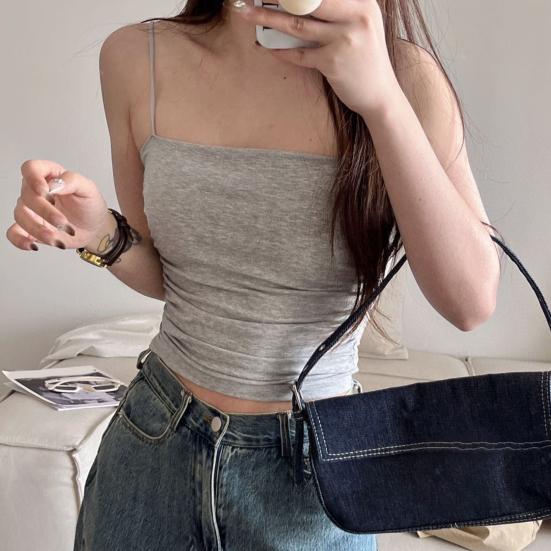 Women Vest Padded Pleated Slim Fit Solid Color Elastic Summer Camis Tank Top Lady Bottoming Inner EMA
