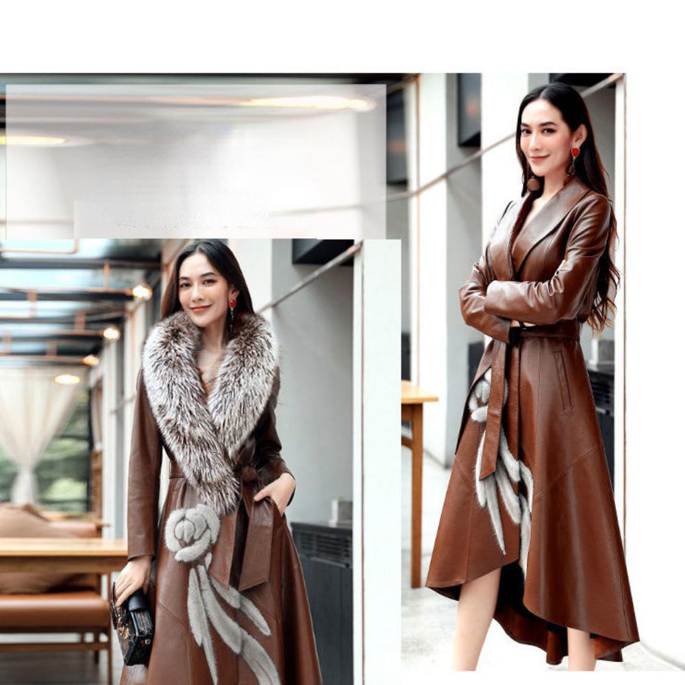 Новый женский длинный корейский меховой тренчкот Haining Leather длиной до колена