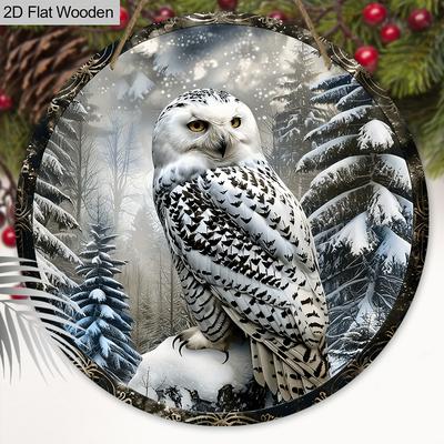 2D Плоская Теплая Зимняя Деревянная Табличка с Узором Белой Совы - Уникальные Декоративные Таблички и Бляшки для Входной Двери, Стены, Декора Крыльца
