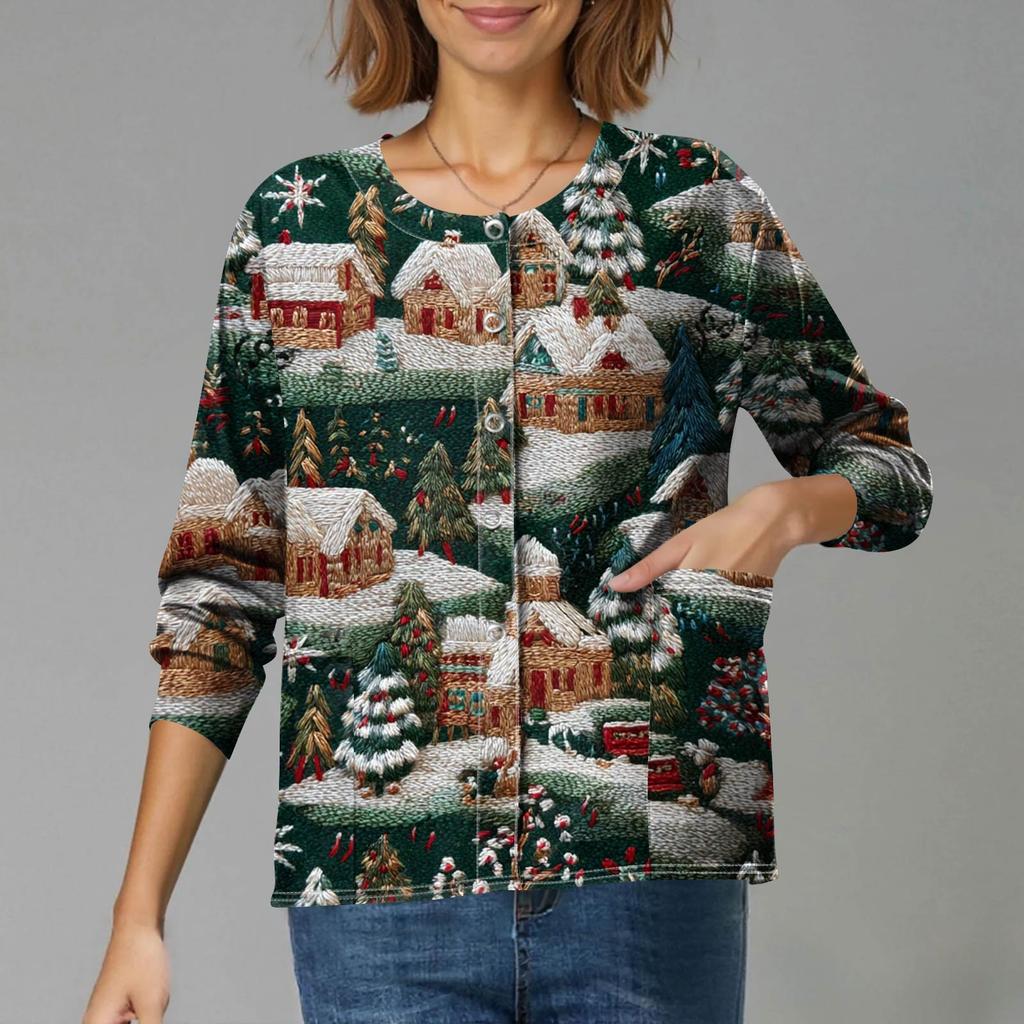 Women's Casual Long-Sleeved Single-Breasted Christmas-Themed Print  Cardigan