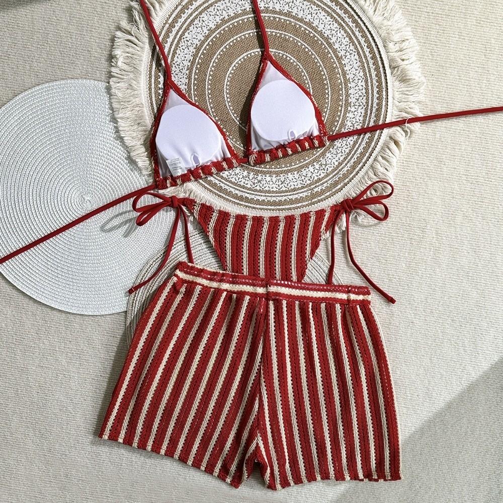 Sleeveless 3 in 1 Swimwear Set Lace Up Knitting Swimsuit Casual Bikini Bathing Suit Swimming Pool
