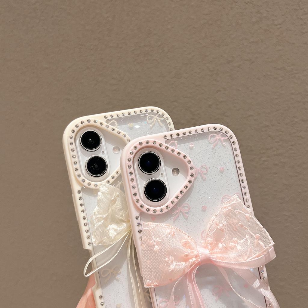 For iPhone 16 Plus Case Two Bow Epoxy Design TPU+PC Phone Back Cover Rhinestone Decor