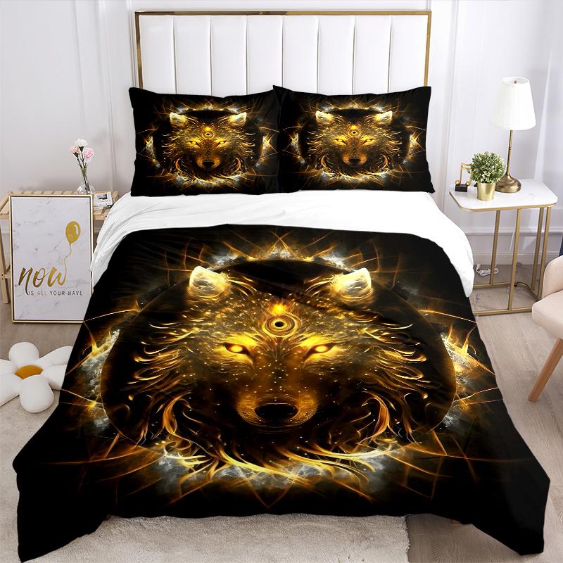 3pcs Golden Wolf Bedding Set - Includes 1 Quilt Cover and 2 Pillowcases, Comfortable Bedding with Stylish Design for Bedroom, Machine Washable -