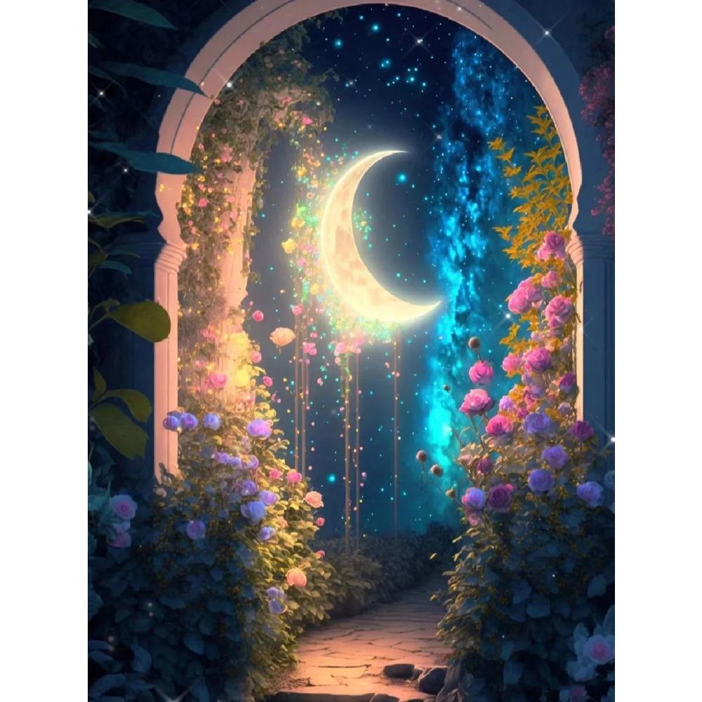 Алмазная картина Полный дрель Цветок Луна Пейзаж Круглая алмазная живопись Ручная работа Фруктовый десерт Diy Алмазная мозаика Картина Украшение дома