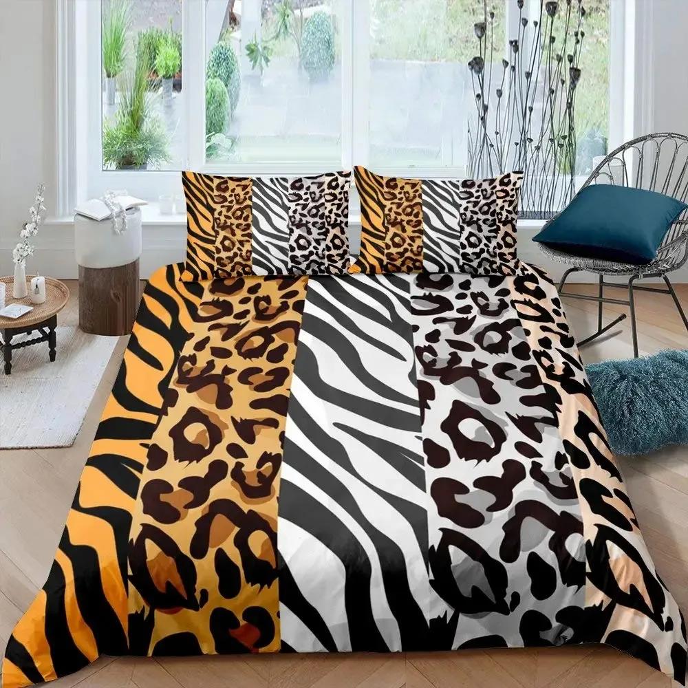 Leopard Print Duvet Cover Set Queen Cheetah Bedding Sets Geometric Comforter Cover African Safari Animal Quilt Cover Room Decor