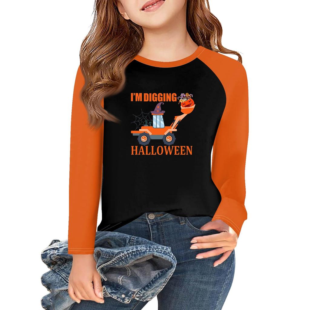 Футболки с длинным рукавом для девочек на Хэллоуин, детские осенние топы с круглым вырезом, базовые футболки 5-14 лет