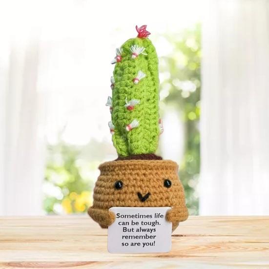 Crocheted Doll Cactus Succulent Doll with Cheer-up Card Tabletop Ornament Positive Crochet Figurine