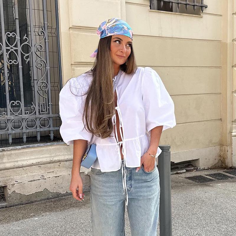 Рубашки на шнуровке с леопардовым принтом, женские, свободные, с рукавами-фонариками, короткая блузка, большой размер, повседневный топ с круглым вырезом, летняя, новая мода