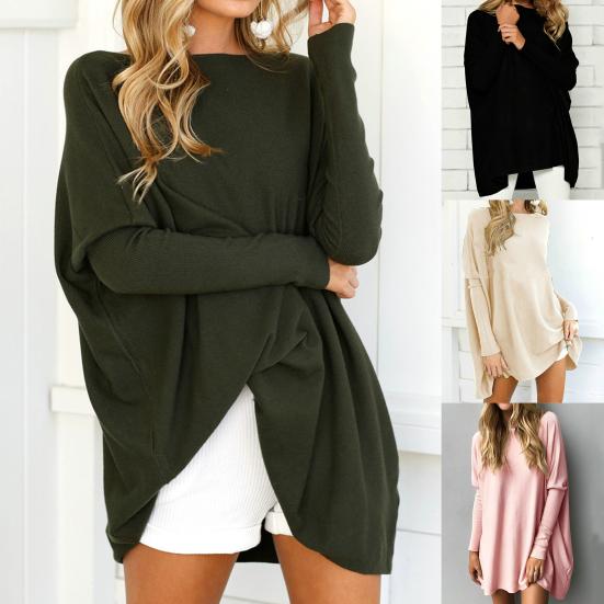 Женская однотонная блузка с длинным рукавом, топ с круглым вырезом, длинный тип