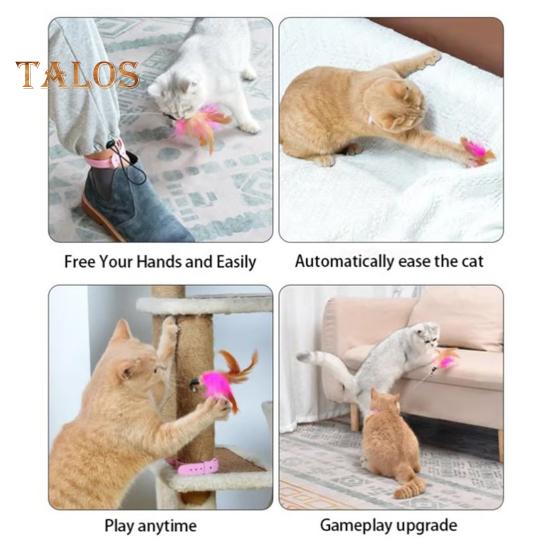 Интерактивная игрушка-ошейник для кошек, дразнящая палочка с разноцветными натуральными перьями и колокольчиком, регулируемый дизайн, самоиграющая игрушка, дразнящая палочка для кошек