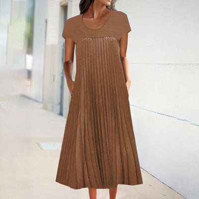 Женское модное и повседневное однотонное платье с короткими рукавами и карманом