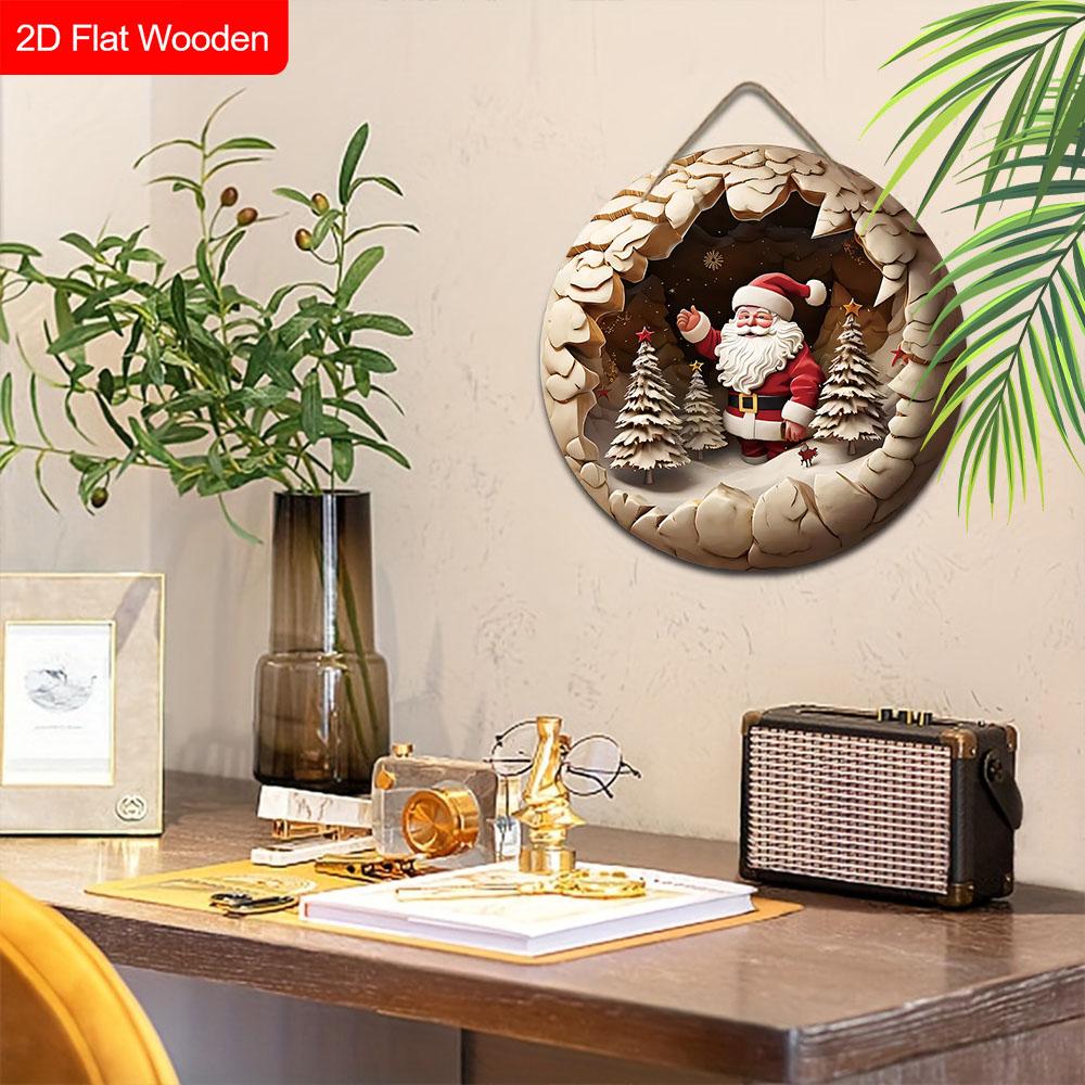 Wooden Christmas Sign with Santa Claus Pattern - Navidad Round Sign for Christmas Tree, Front Door, Wall Decor - Ideal Christmas Decoration