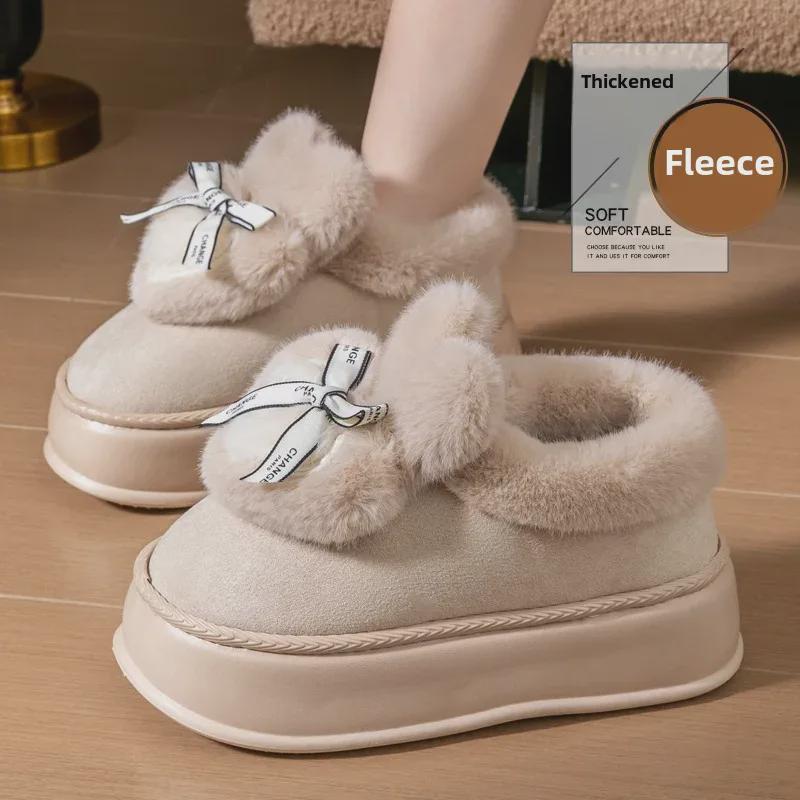 Женские зимние ботинки Bowknot на толстой подошве 2024 года: Увеличивающая рост, теплая, с бархатной подкладкой, меховая обувь для улицы на осень и зиму.