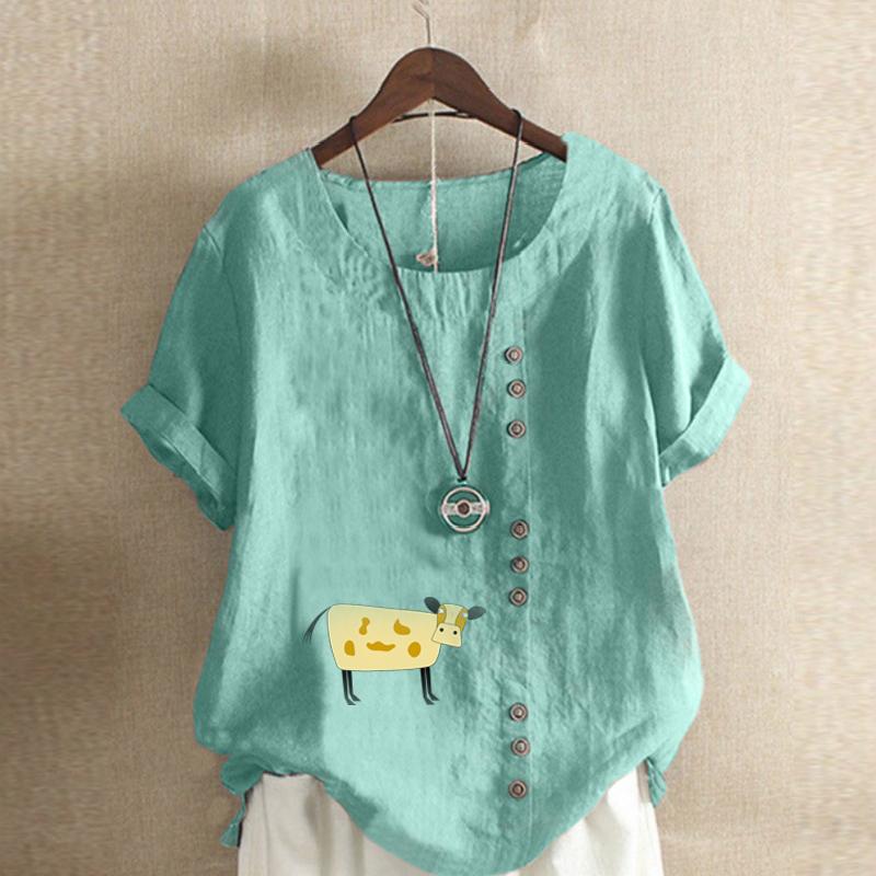 Women's New Fashion Linen Shirt Round Neck Short Sleeve Cattle Printed T-shirt Summer Ladies Casual Plus Size Blouse Tops