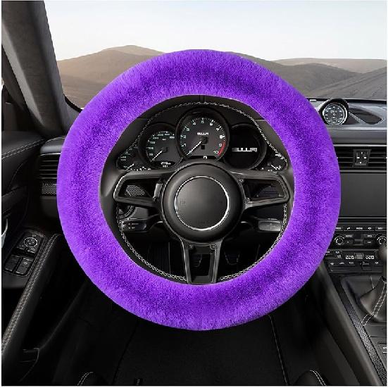 Fur Wool Sheepskin Car Steering Wheel Cover, 15 Inch Fluffy Anti-Slip Auto Steering Wheel Protector For Warm Winter, Universal Fuzzy Plush Vehicle