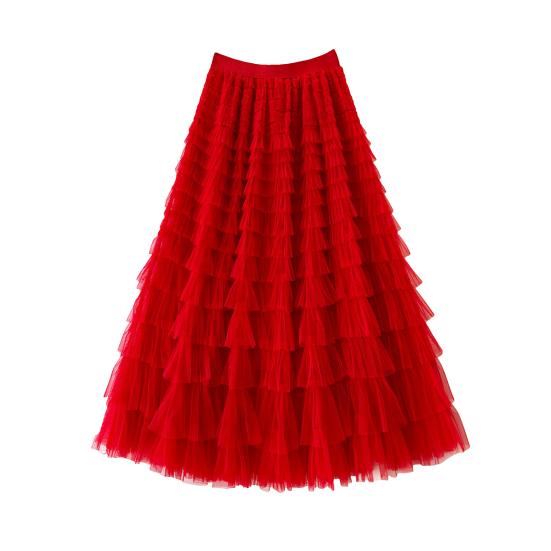 Women Cake Skirt Solid Color Mid-Waist Long Skirt with Elastic Waist Mesh