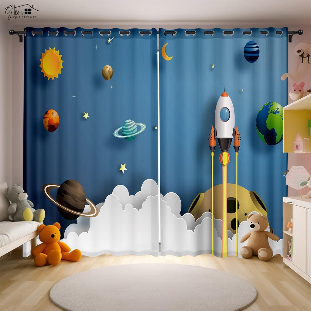 Мультфильм Вселенная 3D Печать Шторы Космонавт Астронавт Космический корабль Ракета Планета Инопланетянин Спальня Детская комната Шторы 2 ШТ