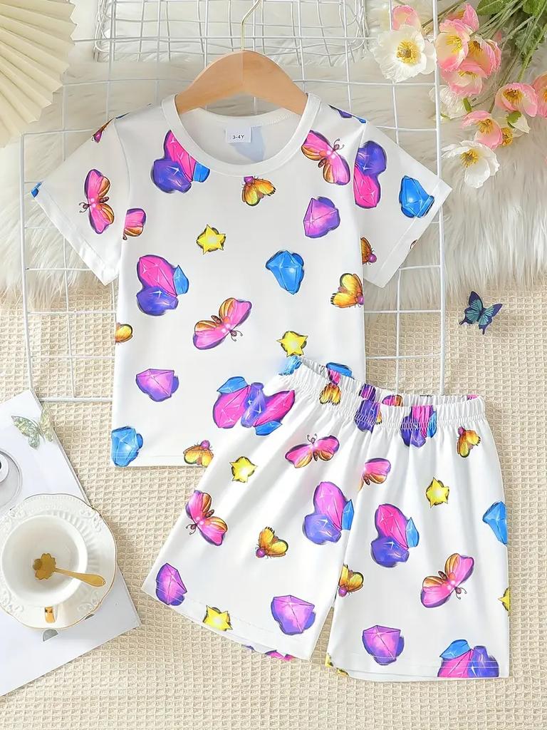 Летние костюмы для девочек, футболка с короткими рукавами и принтом бабочки, шорты, комплект одежды из 2 предметов, милый комплект детской одежды