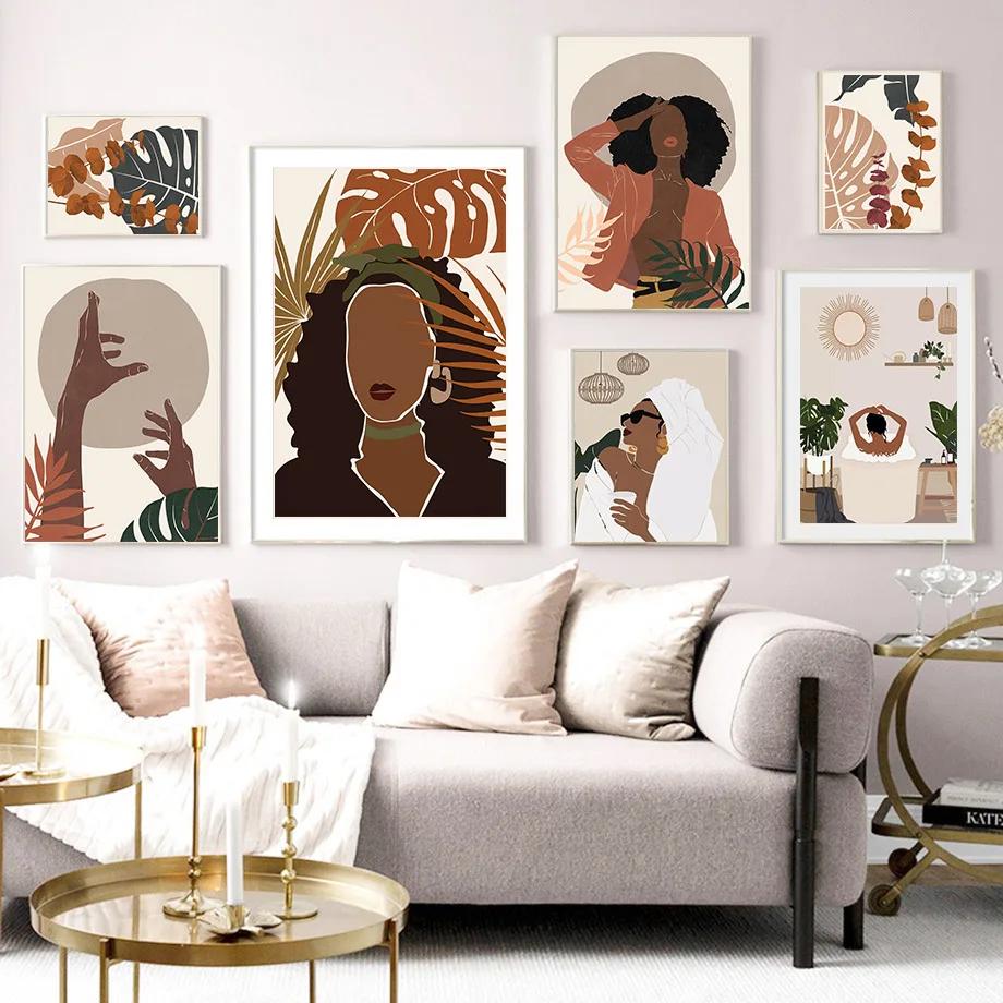Black Girl Monstera Flower Abstract Boho Wall Art Canvas Painting Nordic Posters And Prints Wall Pictures For Living Room Decor
