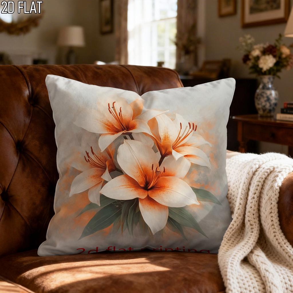 Watercolor Lily Flower Throw Pillow Cover Neutral Orange Floral Cushion Case For Boho Home Decor