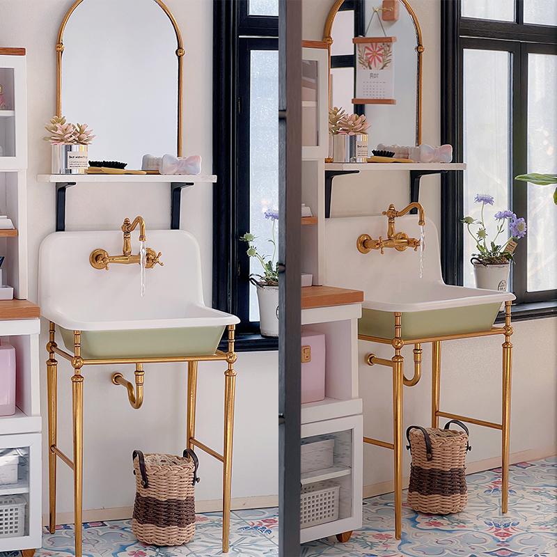 1:6 Dollhouse Miniature Kitchen Sink Lavatory Washbasin Water Faucet Bathroom Mirror Wash Sink Pot Model Diy Furniture Toy Decor