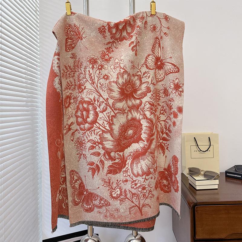 Autumn And Winter Peony Butterfly Style Retro Literary Style Printing Women'S Warm Scarf Shawl