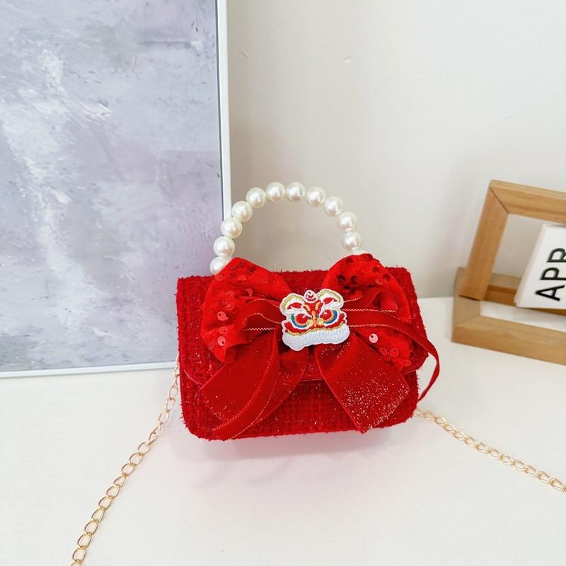 Red Delightful Cute Bowknot Childrens Handbag With Trendy Chain And Pearl Handle