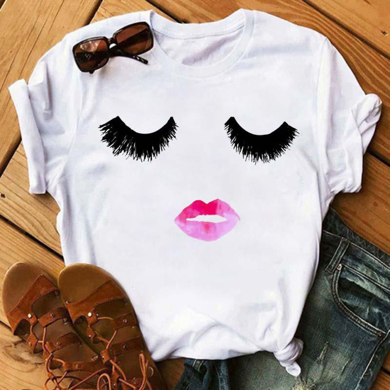 Maycaur New Cute Eye Lashes Red Lips Print Women T Shirt Summer Casual Short Sleeve O Neck T-shirt Fashion Ladies Shirt Tops